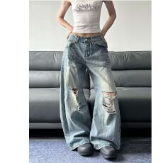 批发新款流行气质无***简约潮流美式复古竹节纹破洞<b class='q'>牛仔裤</b>女潮牌慵懒