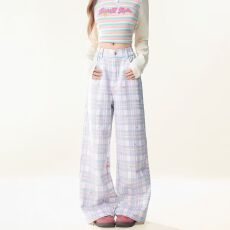 麂皮绒印 多巴胺紫色格纹休闲裤女穿搭阔腿长裤子春秋款