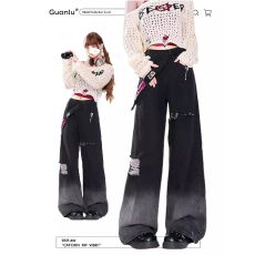 批发渐变黑灰色侧边拉链破洞<b class='q'>牛仔裤</b><b class='q'>女</b>春季新款设计感高腰阔腿裤子