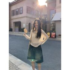 批发怀旧复古 自然腰牛仔裤女宽松阔腿<b class='q'>短裤</b>中裤休闲百搭五分裤