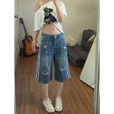 批发美式复古街头港风破洞七分<b class='q'>牛仔裤</b>女薄款新款宽松直筒阔腿中裤