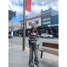 批发美式复古街头港风破洞七分<b class='q'>牛仔裤</b>女薄款新款宽松直筒阔腿中裤y2k