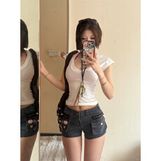 批发重工辣妹~身材管理工装口袋低腰水洗百搭显瘦牛仔短裤女新款