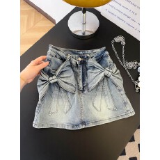 批发实拍~美式复古立体蝴蝶结牛仔短裤女夏辣妹高腰防走光包臀半身裙