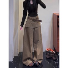批发美式复古美拉德屁帘拼接叠穿<b class='q'>牛仔裙</b>裤女假两件宽松显瘦阔腿拖地裤