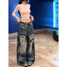 批发<b class='q'>欧美</b>高街设计感破洞牛仔裤子女慵懒风夏秋季薄款复古做旧脏染拖地