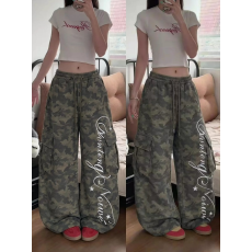批发美式复古字母印花迷彩工装裤女宽松<b class='q'>百搭</b>卫裤跳舞阔腿运动休闲长裤
