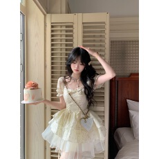 批发公主风提花蝴蝶结少女感<b class='q'>欧根纱</b>蓬蓬连衣裙春夏