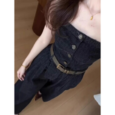 批发复古黑色时髦辣妹春夏季牛仔裤韩系休闲阔腿裤<b class='q'>抹胸</b><b class='q'>连体裤</b>