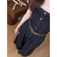 批发复古黑色时髦辣妹牛仔裤韩系休闲阔腿裤<b class='q'>抹胸</b><b class='q'>连体裤</b>