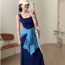 批发背心长裙女夏季中长款针织<b class='q'>连衣裙</b>A字收腰显瘦吊带裙女
