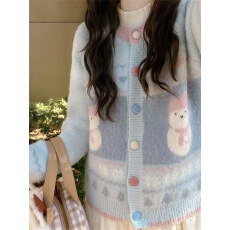 批发甜美可爱费尔岛提花开衫针织毛衣学生秋冬上衣加厚针织衫慵懒外套