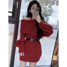 批发2025秋冬新款性感打底针织<b class='q'>连衣裙</b>女露肩毛衣裙修身显瘦收腰包臀裙