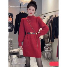 批发法式半高领针织<b class='q'>连衣裙</b>女秋冬今年流行双口袋亮丝收腰中长款毛衣裙