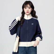 批发撞色立领毛衣外套女秋冬秋冬新款撞色宽松针织开衫短款上衣