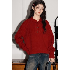 批发红色新年高级感连帽套头针织衫毛衣女2025年秋冬圣诞穿搭气质上衣