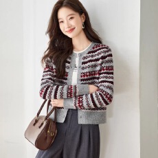 批发复古提花条纹针织开衫女新款秋冬季外搭毛衣短<b class='q'>外套</b>