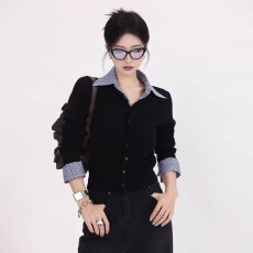 批发格子<b class='q'>衬衫</b>领拼接毛衣外套女秋冬针织开衫外搭修身假两件打底衫上衣