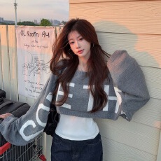 批发美式辣妹<b class='q'>短款</b>字母提花长袖毛衣女冬季宽松小众设计感套头针织上衣