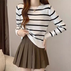 批发秋季<b class='q'>短款</b>韩版撞色条纹长袖针织衫针织打底新款毛衣设计上衣