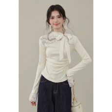 批发韩系高级感蕾丝蝴蝶结系带长袖t恤<b class='q'>女</b>秋冬内搭独特绝美打底衫上衣