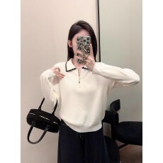 批发甜美风撞色Polo领长袖针织衫秋冬季新款法式气质减龄显瘦套头毛衣