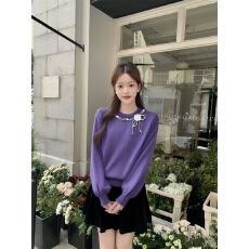 批发秋冬韩版百搭时尚圆领立体花钉珠北极绒针织百搭长袖上衣女