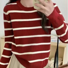 批发新款条纹长袖百搭针织衫宽松圆领洋气内搭有气质的时尚打底衫
