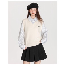 批发韩系POLO领条纹假两件针织衫女秋季新款学院风小众宽松上衣