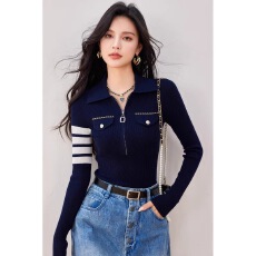 批发秋冬新款polo领半拉链修身显瘦打底衫内搭针织衫上衣女高级感