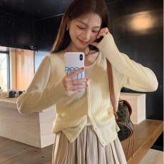 批发新款<b class='q'>短款</b>港风软糯气质上衣时尚拼接撞色假两件温柔毛衣<b class='q'>开衫</b>