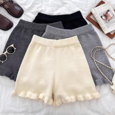 批发甜美百搭木耳边松紧高腰显瘦针织<b class='q'>短裤</b>阔腿裤休闲裤<b class='q'>打底</b>裤女秋冬