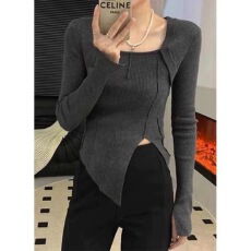 批发<b class='q'>不规则</b>开叉灰色方领内搭打底衫女新款设计感修身针织衫上衣
