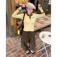 批发美式复古<b class='q'>黄色</b>假两件长袖t恤女早秋新款辣妹显瘦学院风针织衫上衣