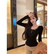 批发蕾丝花边纯欲风<b class='q'>V领</b>长袖<b class='q'>T</b><b class='q'>恤</b>女收腰内搭黑色紧身打底衫上衣