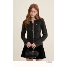 批发春季新款<b class='q'>羊绒</b>拼接格纹修身圆领针织<b class='q'>开衫</b>上衣女