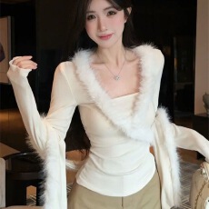 批发修身<b class='q'>长袖</b><b class='q'>T</b><b class='q'>恤</b>女装春秋新款毛毛围巾上衣