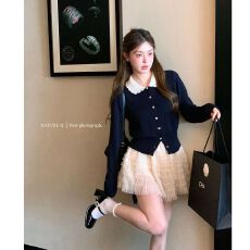 批发<b class='q'>韩版</b>miu系撞色减龄娃娃领针织开衫女早秋新款百搭短款上衣