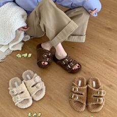 批发2025秋冬新款<b class='q'>韩版</b>一字毛毛拖鞋女外穿厚底加绒保暖棉拖鞋毛毛拖鞋