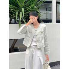 批发韩国chic百搭花呢格纹小香风短款开衫外套女春夏季洋气长袖上衣