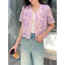 批发韩国chic春夏法式小众小香风珍珠扣圆领粗花呢<b class='q'>短袖</b>开衫外套上衣女