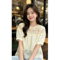 批发少女风甜美立体镂空钩花蕾丝翻领<b class='q'>衬衫女</b>夏季轻奢温柔风单排扣上衣