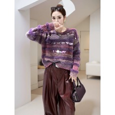 批发欧货<b class='q'>正品</b>爆款秋冬时尚显气质瘦洋气高端百搭拼接女士亮片毛衣上衣