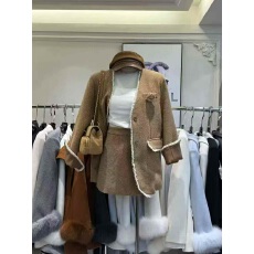 批发小香风V领气质山茶花羽绒羊毛西装女冬季千金感<b class='q'>名媛</b>外套短裙<b class='q'>套装</b>