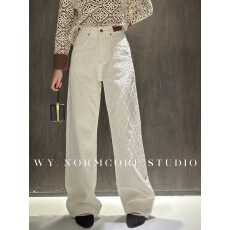 批发复古蓝菱格纹阔腿牛仔裤女<b class='q'>春</b>秋新款高腰显瘦宽松提花直筒拖地裤子