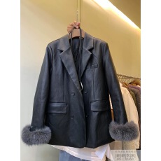 批发狐狸毛袖口羽绒服皮衣<b class='q'>西装外套</b>女冬季系腰带高级感蛋白皮夹克大衣