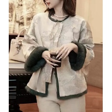 批发重工国潮风刺绣系带醋酸短外套女冬季加厚两面穿兔毛皮草毛毛外套