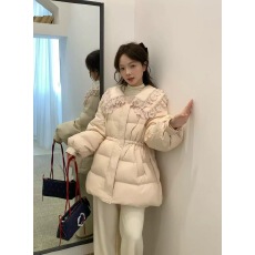 批发羽绒服女2025冬季新款减龄蕾丝荷叶边披肩娃娃领显瘦白鸭绒外套潮