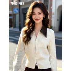 批发2025韩国<b class='q'>东大门</b><b class='q'>代购</b>冬装新款女装撞色拼接翻领修身拉链针织开衫