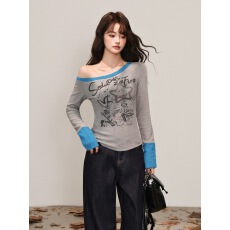 批发AAHV 辣妹涂鸦字母磨毛加厚T恤女2025秋冬露肩斜领内搭打底衫上衣